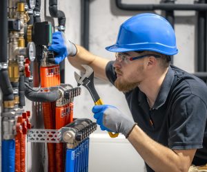The technician checking the heating system in the boiler room. The technician checking the heating system in the boiler room. Adjusting heating valves in a residential building. A plumbing and heating technician works.